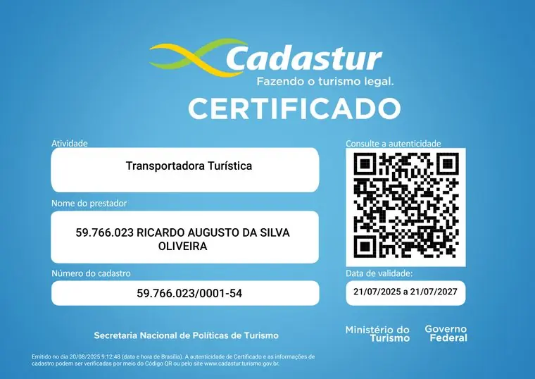Certificado Cadastur — Transportadora Turística, Ministério do Turismo