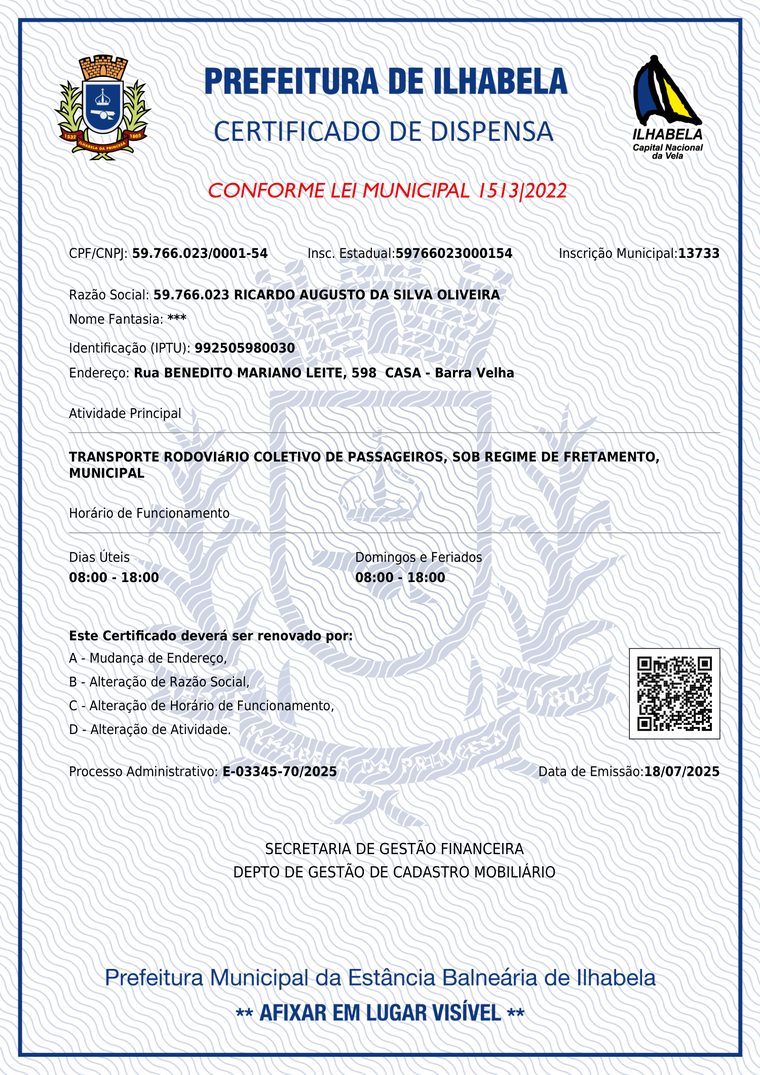 Certificado de dispensa de licença — transporte de passageiros