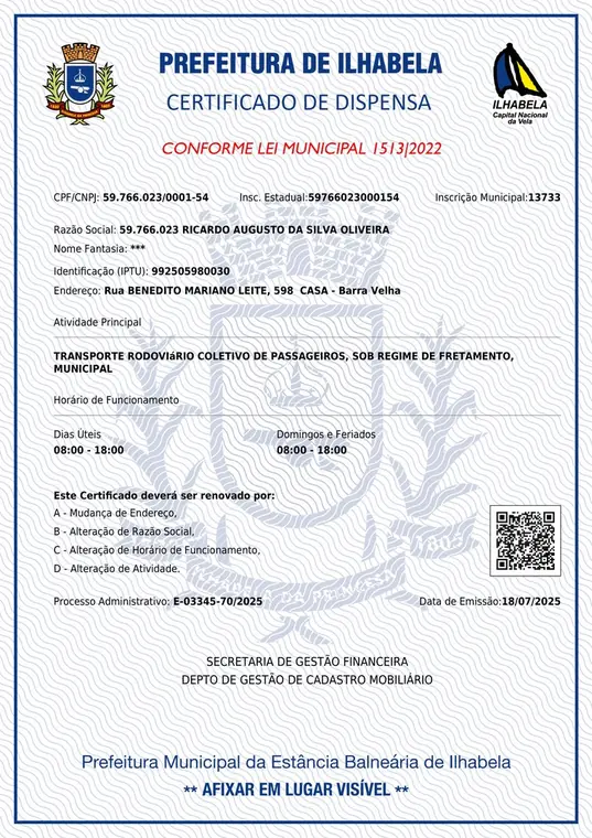 Certificado de dispensa de licença — transporte de passageiros